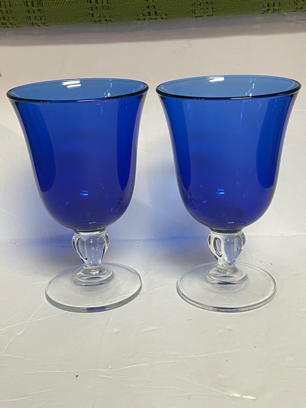 Two Cobalt Blue Water Wine Goblet Glass 6-1/2" Clear Stem